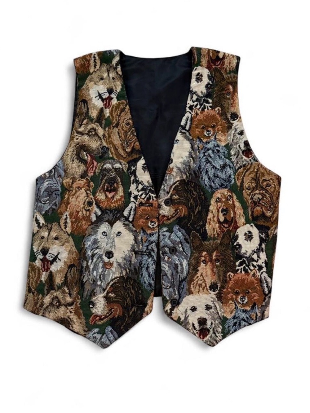 Vintage 90s Tapestry Woven Dog Breed V Neck Vest Front Button Closure